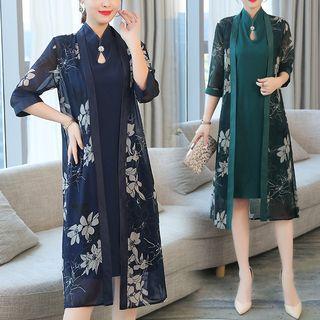 Set: Sleeveless A-line Qipao + Flower Print Open Front Jacket