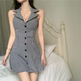 Halter-neck Collared Plaid A-line Dress