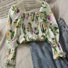 Boatneck Flower-print Smocked Crop Top White - One Size