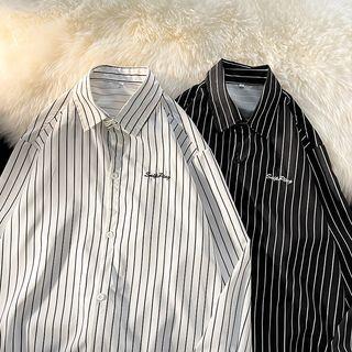 Long Sleeve Lettering Embroidered Pinstripe Shirt