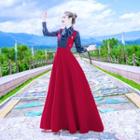 Long-sleeve Bow-accent Blouse / Sleeveless Embroidered A-line Maxi Dress