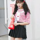 Short-sleeve Striped T-shirt / Mini A-line Pleated Skirt / Set