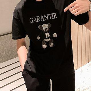 Rhinestone Bear Print Short-sleeve T-shirt