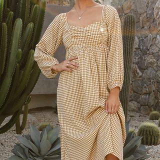 Long-sleeve Check Shirred Midi A-line Dress