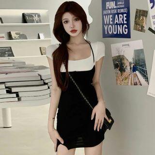 Short-sleeve Square-neck T-shirt / Halter-neck Mini Overall Dress / Set