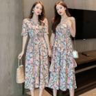 Short-sleeve / Spaghetti Strap Floral Print Midi A-line Dress