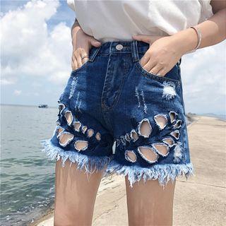 Cut Out Frayed Denim Shorts