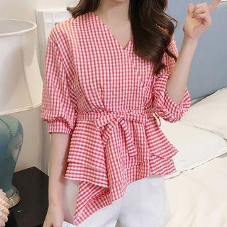3/4-sleeve Gingham Asymmetric Ruffled Top