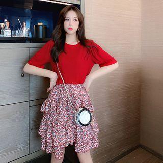 Set: Elbow-sleeve Top + Floral Print Layered Mini A-line Skirt