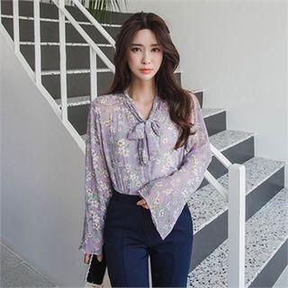Tie-neck Sheer Floral Chiffon Blouse