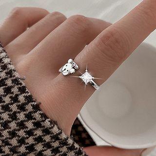 Bear Rhinestone Alloy Open Ring Silver - One Size