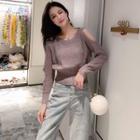 Cold-shoulder Long-sleeve Cropped Knit Top As Shown In Figure - One Size