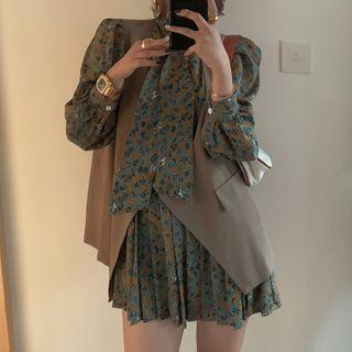 Floral Long-sleeve A-line Dress / Vest