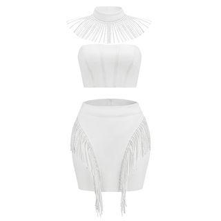 Set: Plain Tube Top + Fringed Mini Pencil Skirt + Choker