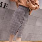High-waist Plaid Slit Woolen Skirt