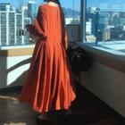 Square-neck Pleated-hem Midi Dress Orange - One Size