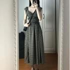 Short-sleeve Plaid Cutout A-line Midi Dress
