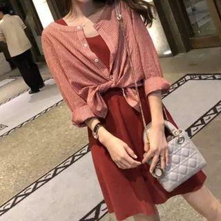 Set: Long Sleeve Striped Shirt + Square Neck Sleeveless A-line Dress