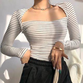 Striped Square-neck Long Sleeve T-shirt