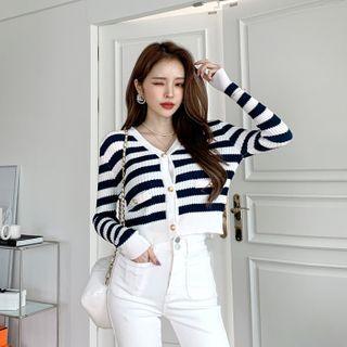 V-neck Cropped Stripe Cardigan Navy Blue - One Size