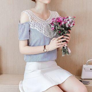 Striped Short-sleeve Cold-shoulder Top