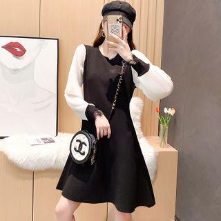 Lantern-sleeve Two-tone Knit Mini A-line Dress