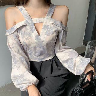 Long-sleeve Cold Shoulder Print Blouse