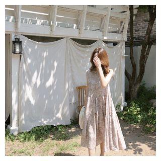 Sleeveless Ruffle-hem Patterned Dress Beige - One Size