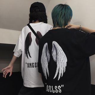 Wings Print Elbow-sleeve T-shirt