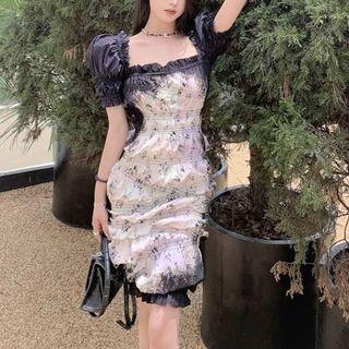 Short-sleeve Print Mini Sheath Dress Dress - Black & White - One Size