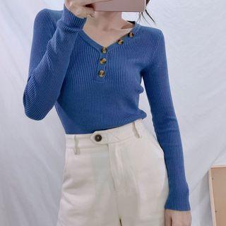 V-neck Buttoned Ribbed Knit Top