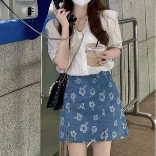 Puff Sleeve Blouse Floral Denim A-line Skirt
