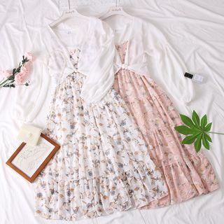 Set: Sleeveless Floral Dress / Chiffon Cardigan