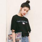 Printed Letter Short-sleeved Top Black - One Size