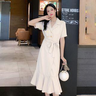 Short-sleeve Double Breasted Frill Trim Midi Dress
