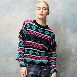 Fringed Patterned Knit Top