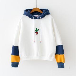 Embroidered Color-block Hooded Pullover