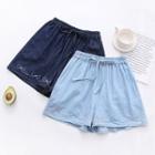 Bow Embroidered Denim Straight-cut Shorts