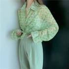 See-through Floral Print Long-sleeve Shirt Green - One Size