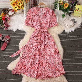 Short-sleeve V-neck Paisley Print A-line Dress