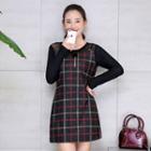 Mock Two Piece Plaid Panel Long Sleeve Dress