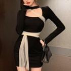 Long-sleeve Mesh Tie Mini Bodycon Dress Black - One Size