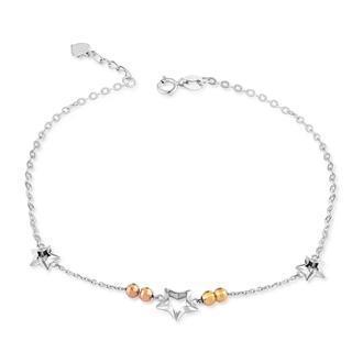 14k Italian Tri-color Gold Cut-out Stars And Diamond-cut Beads Anklet (23.5cm), Women Jewelry In Gift Box