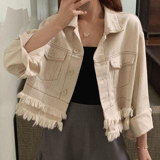 Fringed Trim Contrast Stitching Denim Jacket