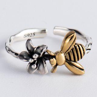 925 Sterling Silver Bee & Flower Open Ring S925 Sterling Silver - Bee & Flower - One Size