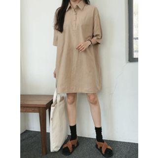 3/4-sleeve Linen Blend Polo Shirtdress