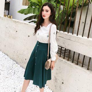 Set: Cactus Embroidery Shirt + A-line Midi Skirt