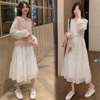 Knit V-neck Vest / Dotted Long-sleeve Midi A-line Dress