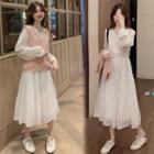 Knit V-neck Vest / Dotted Long-sleeve Midi A-line Dress