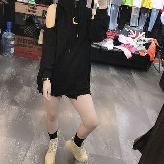 Moon Embroidered Cold Shoulder Hoodie